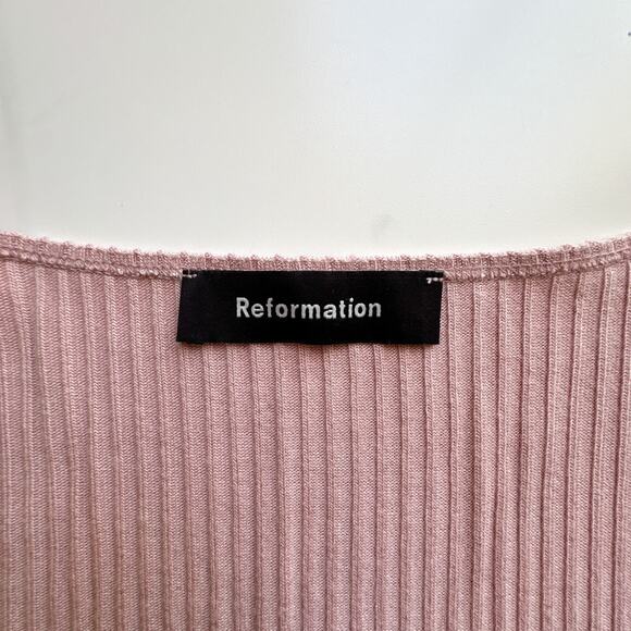 Reformation Cap-Sleeve Ribbed Knit Square Neck Blush Pink Bardot Top Small - Picture 4 of 9